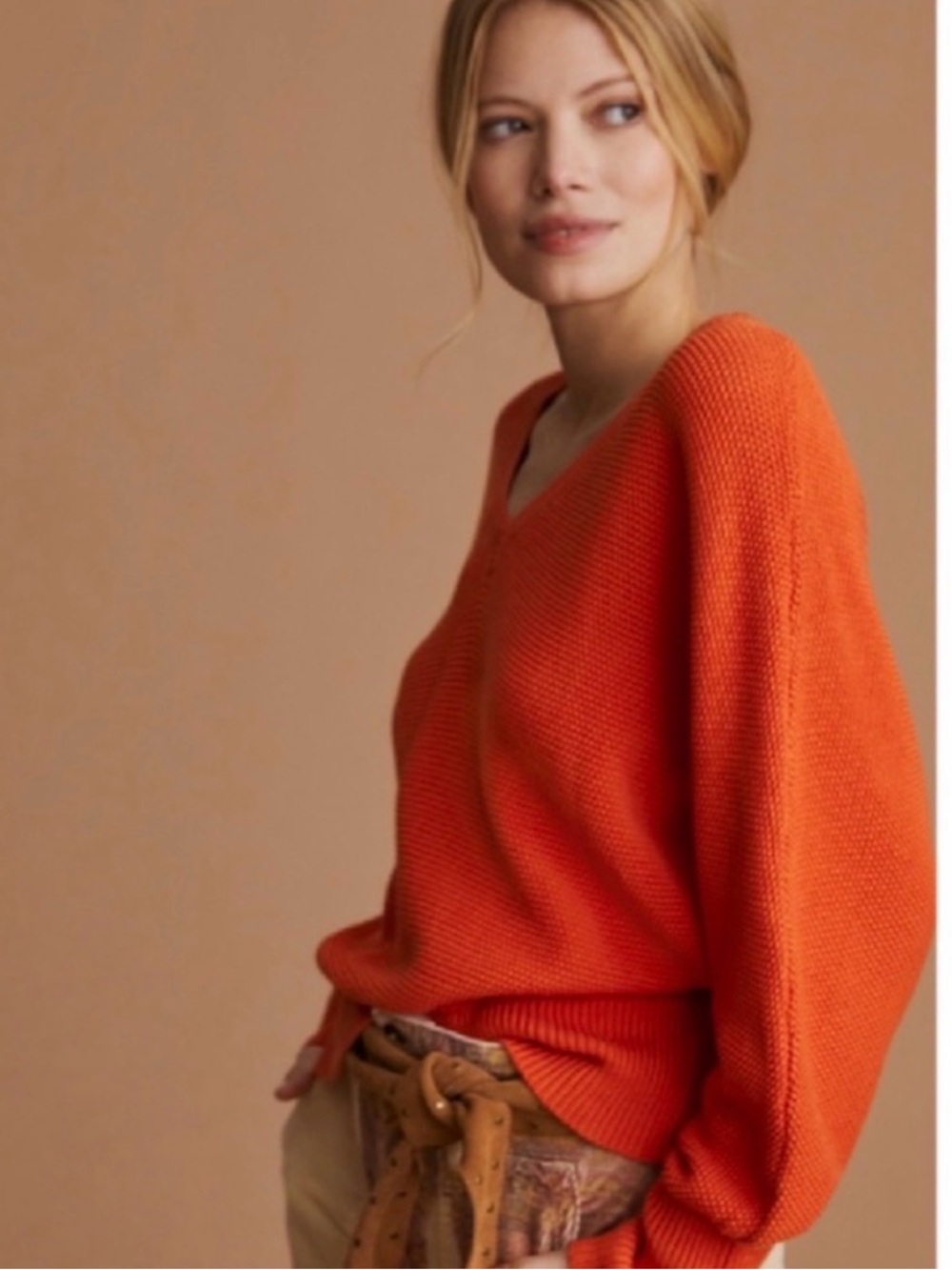 Anthropologie Orange V-Neck Pullover Sweater